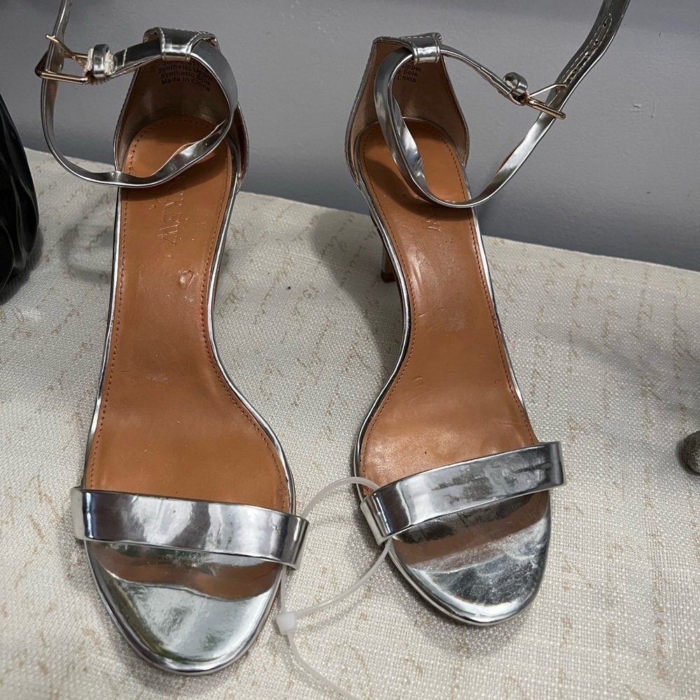J. Crew Shiny Silver Heels with Ankle Strap
